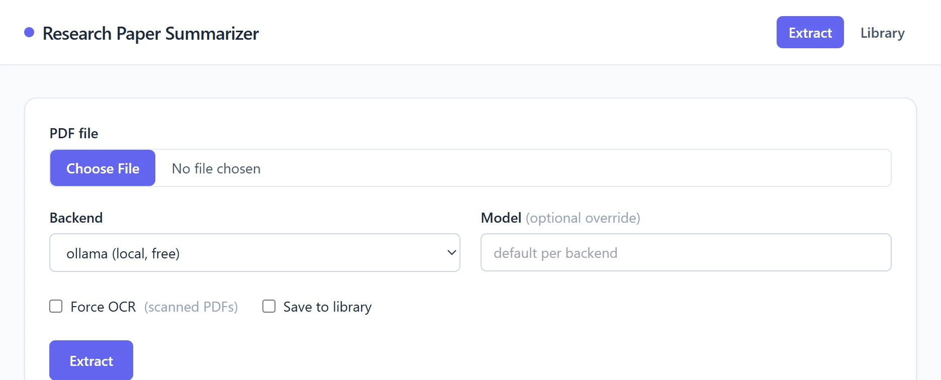 The summarizer upload form: choose a PDF, pick the local Ollama or Anthropic backend, optional OCR, and save to library