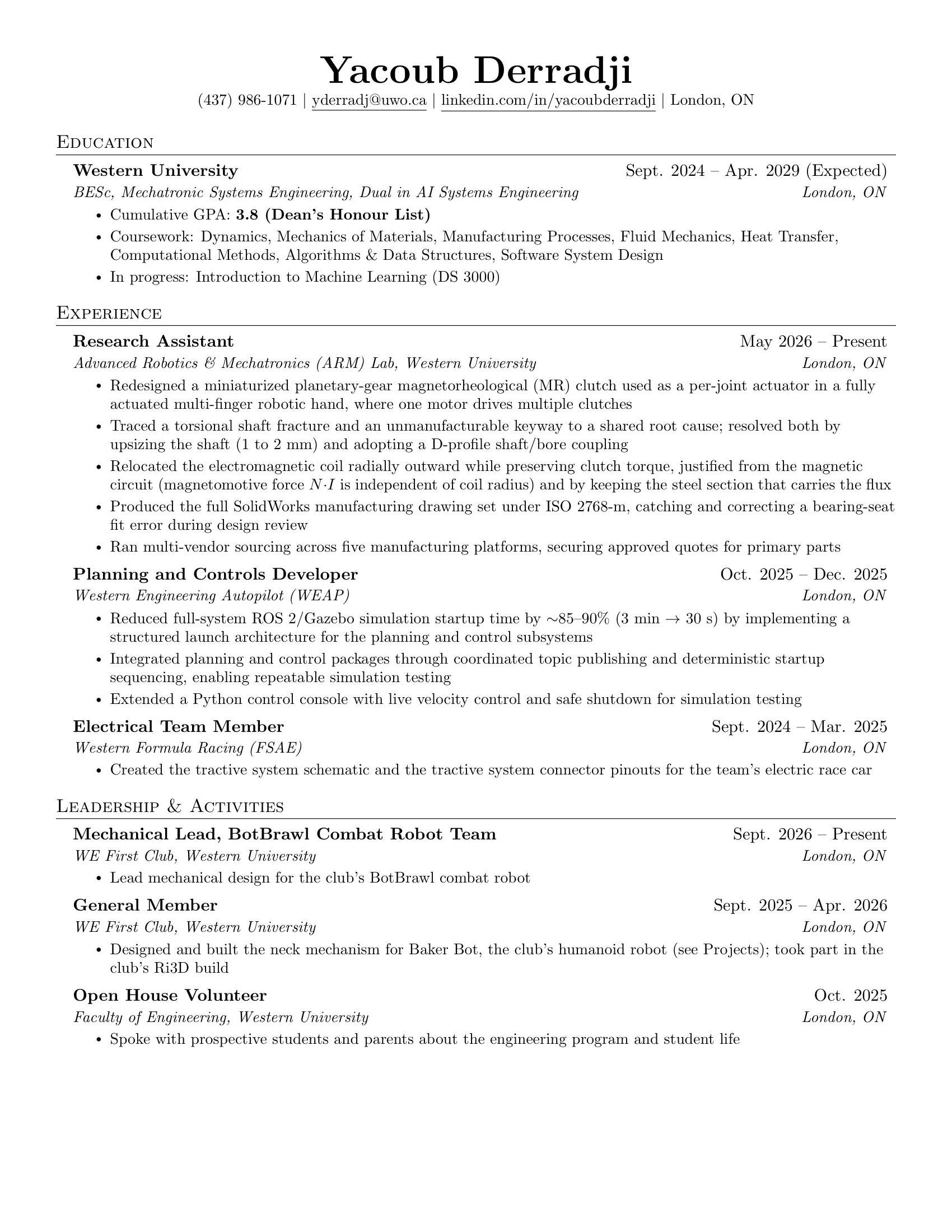 Resume page 1: contact details, education at Western University, and experience at the ARM Lab, Western Engineering Autopilot, and Western Formula Racing, plus leadership roles.