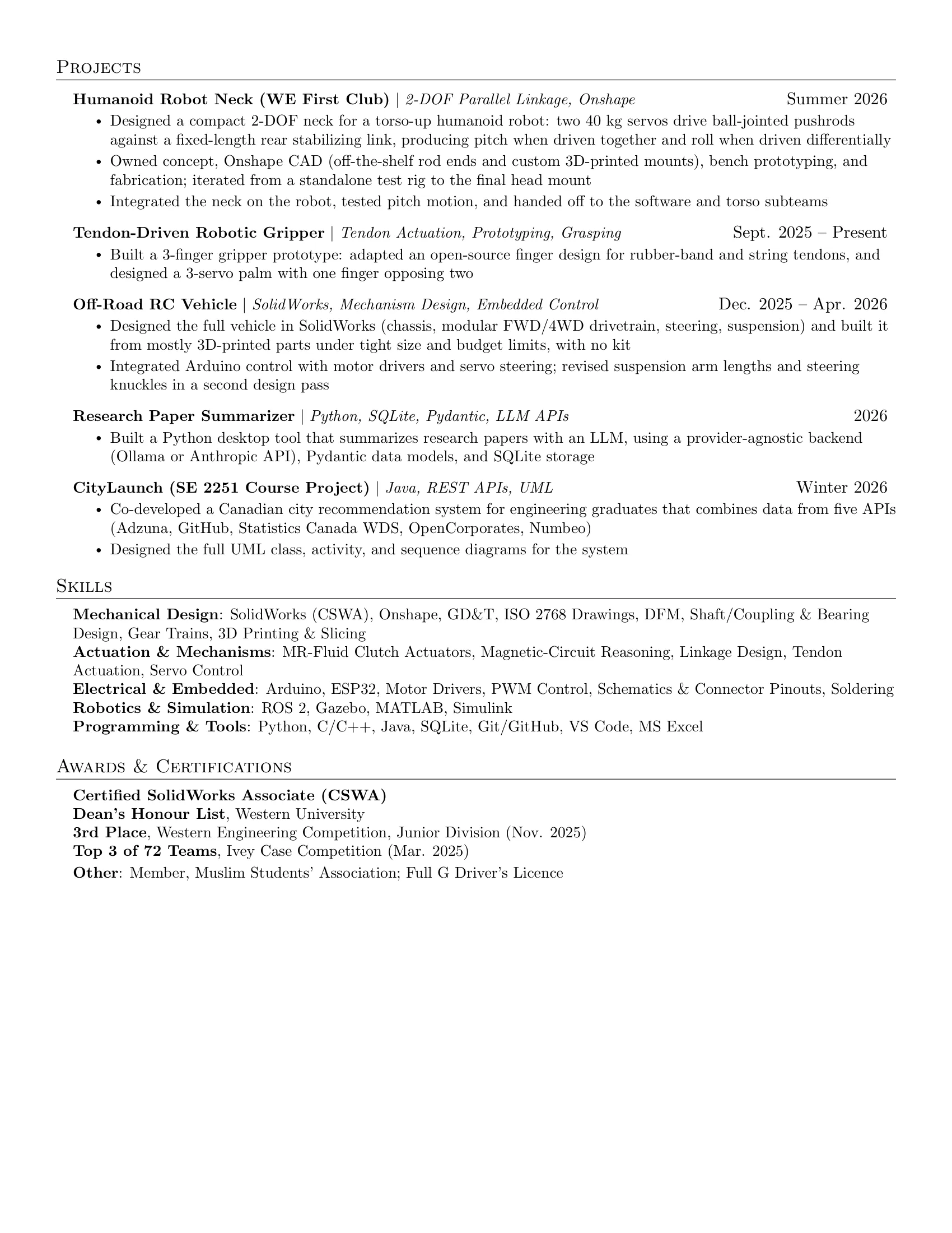 Resume page 2: projects, skills, and awards and certifications.